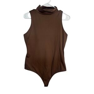 Nine West Womens Large Brown Sleeveless Mock Neck Snap Closure Bodysuit